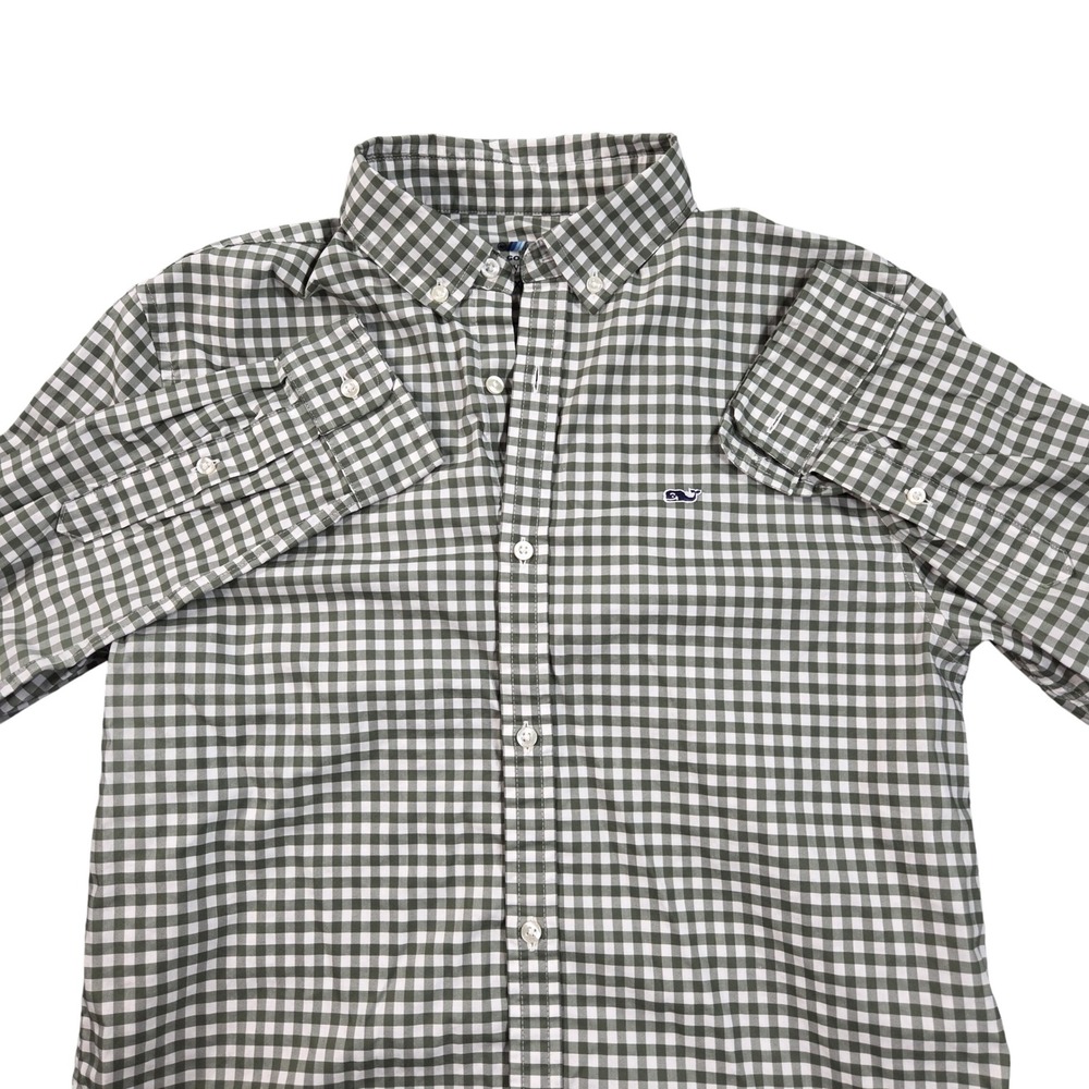 Vineyard Vines Shirt Boys XL 18 Green White OTG Performance Gingham brrr Cooling